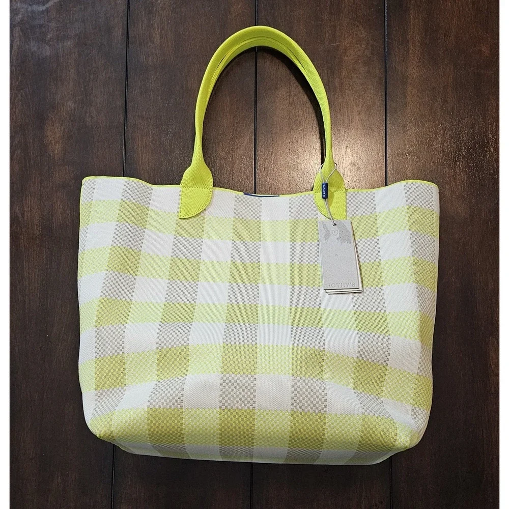 Rothy's The Lightweight Tote Bag in Citrus Gingham Plaid Neon Yellow - Picture 1 of 6